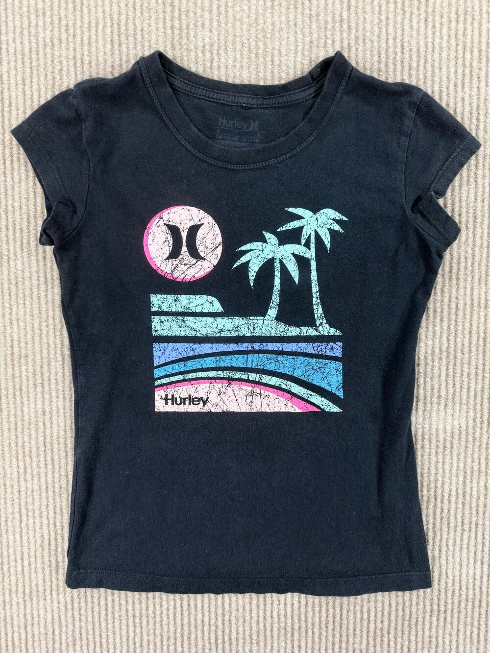 Hurley Black Tropical Palm Trees Surf Graphic Tee M
